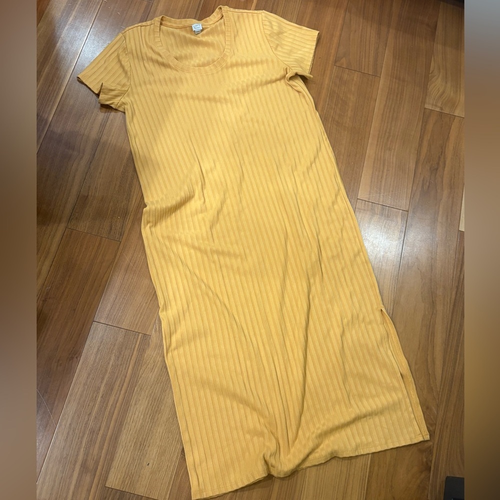 Women’s LOFT Beach Ribbed Midi Mustard Yellow Dress Short Sleeve Size Medium - Picture 2 of 10